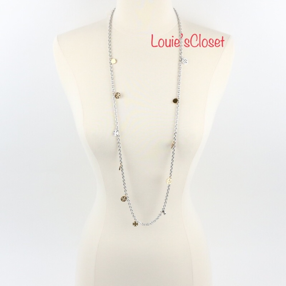 Tory Burch Metallic Logo Charm Rosary Necklace